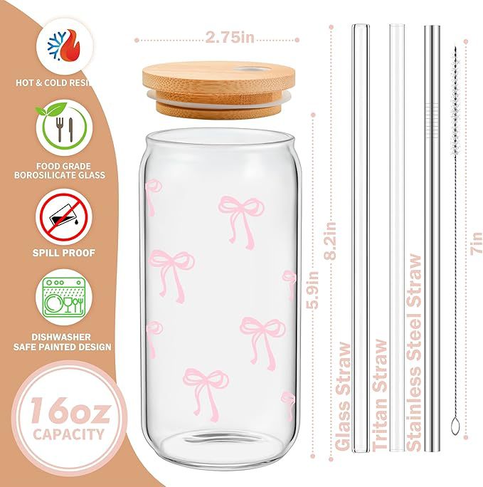 Aesthetic Bow Glass Cup with Bamboo Lid & Straw