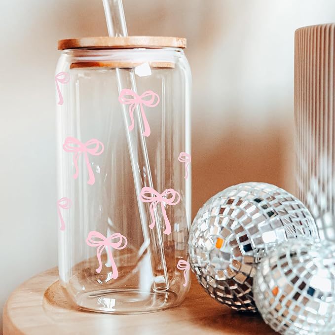 Aesthetic Bow Glass Cup with Bamboo Lid & Straw