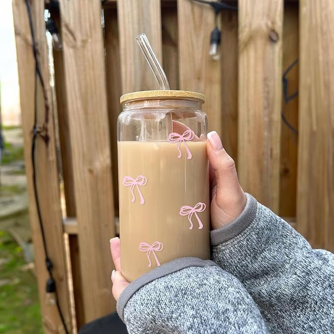 Aesthetic Bow Glass Cup with Bamboo Lid & Straw
