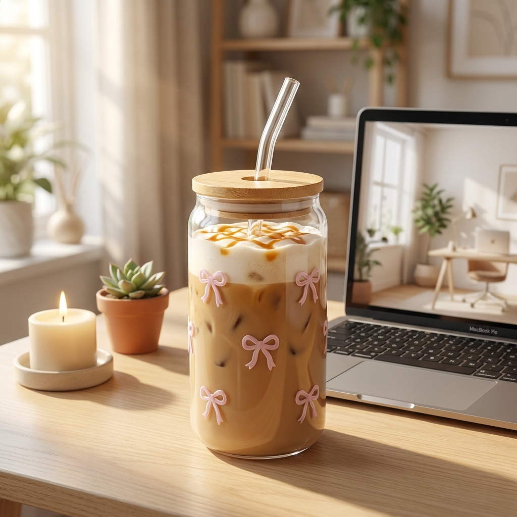Aesthetic Bow Glass Cup with Bamboo Lid & Straw