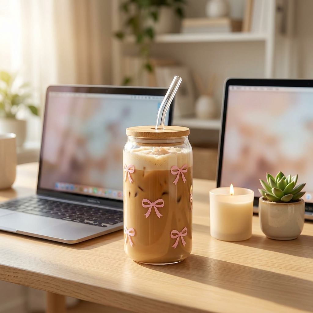 Coquette Bow Glass Cup with Bamboo Lid & Straw | 16oz Aesthetic Iced Coffee Cup